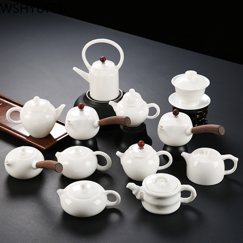 Handmade quality white porcelain teapot ivory white wooden handle teapot tea set Chinese tea room etiquette tool teapot ► Photo 1/6