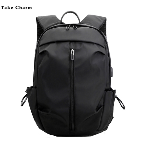 USB Backpack Men Nylon Waterproof Travel Bag New Simple Pure Color Backbag Leisure Light Fitness Male Bag Sports Bag Black Gray ► Photo 1/6