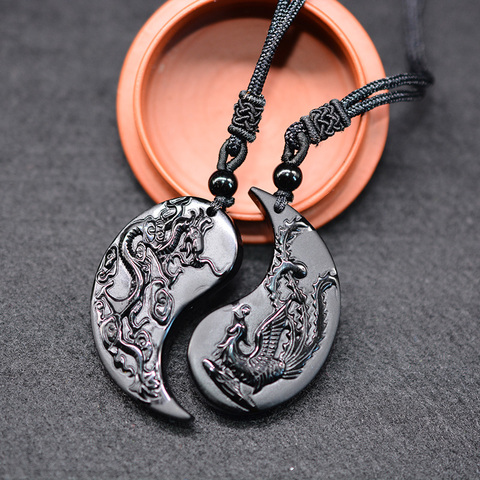 1 Set Obsidian Taichi Dragon and Phoenix Necklace Pendant YIN YANG Pendant Necklace Obsidian Lucky Pendants ► Photo 1/6