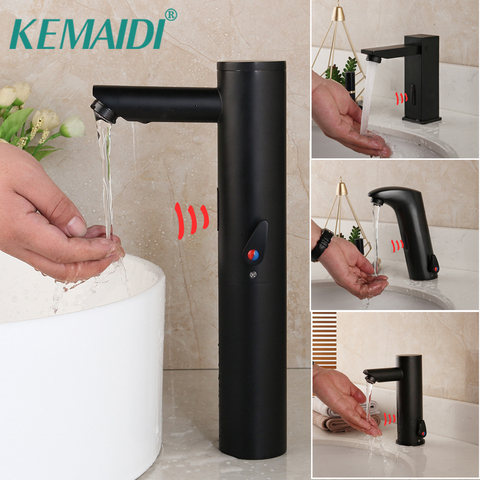 KEMAIDI Matte Black  Solid Brass Hot & Cold Water Mixer Touch-Free Infrared Tap Automatic Sensor Faucet Bathroom Basin Faucets ► Photo 1/6