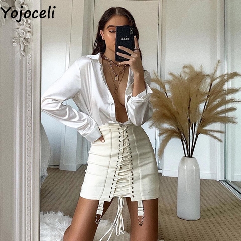 Yojoceli Elegant lace up white bodycon skirts womens Autumn short high waist skirt Casual party black female bottoms ► Photo 1/6