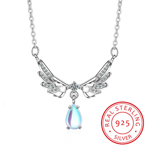 Fashion Exquisite Temperament 925 Sterling Silver Jewelry Moonstone Crystal Angel Wings Clavicle Chain Pendant Necklaces ► Photo 1/1