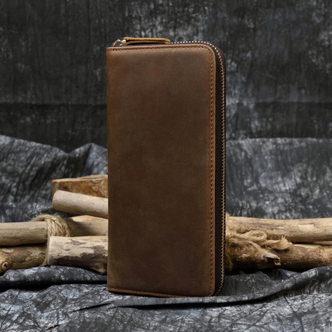Men's crazy horse Leather long wallet Zip around genuine leather wallet Phone case purse with coin pocket 4 interlayer pocket ► Photo 1/6