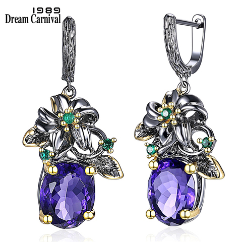 DreamCarnival 1989 Elegant Amazing Price Earings Flower Look Big Blue CZ Gun Black Plus Gold Color Base Everyday Jewelery WE3799 ► Photo 1/6