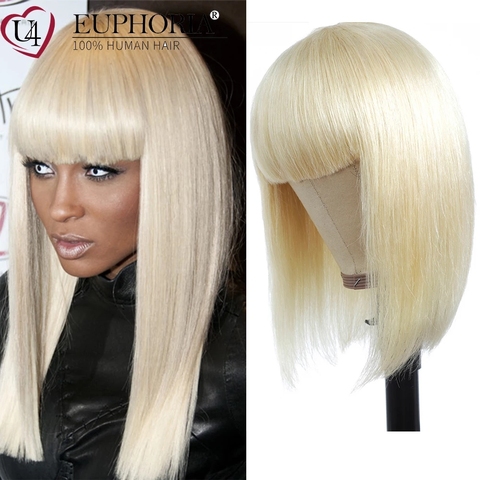 Blonde 613 Straight Hair Bob Wigs Brazilian Remy Human Hair Full Machine Non Lace Wigs With Bangs Ombre Platinum 8-28In EUPHORIA ► Photo 1/6