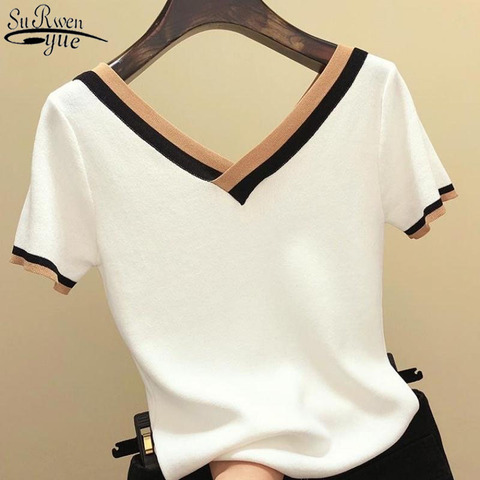 V-Neck Short Sleeve Shirt Women Contrast Color Striped Knitted 2022 Summer Tops Shirt Korean Clothes Femme Camisetas Mujer 13362 ► Photo 1/6