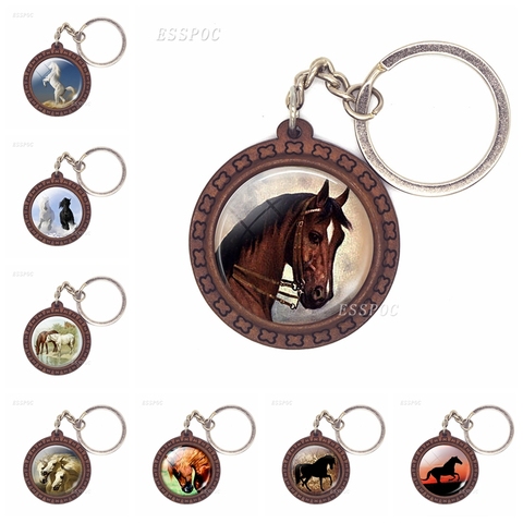 Horse Wooden Keychain Horse Picture Glass Cabochon Keychain Wooden Jewelry Aanimal Key Pendant Christmas Gifts Dropshipping ► Photo 1/6