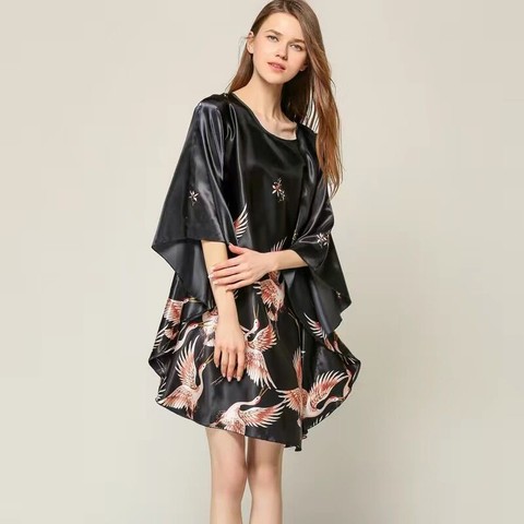 Plus Size Black Women's Summer Lounge Robe Lady New Sexy Home Dress Rayon Nightgown Large Loose Sleepwear Bathrobe Gown S002-B ► Photo 1/5