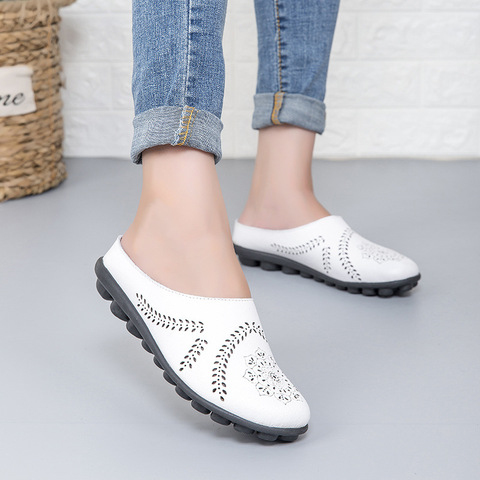 Women Flats Summer Women Genuine Leather Shoes Slippers Slip On Flat Shoes Women Leather Oxford Chaussures Femme Casual Lo hjm8 ► Photo 1/5