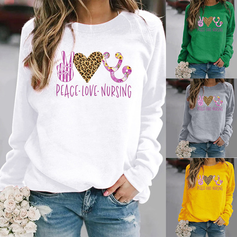 Women Hoodie Peace Love Nursing Printed Hoodies Women Fleece Long Sleeve O Neck Loose Sweatshirt Girls Pullovers Autumn Winter ► Photo 1/6