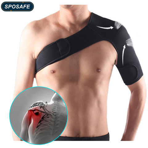 SPOSAFE Adjustable Gym Sports Care Single Shoulder Support Back Brace Guard Strap Wrap Belt Band Pads Black Bandage Men&Women ► Photo 1/6