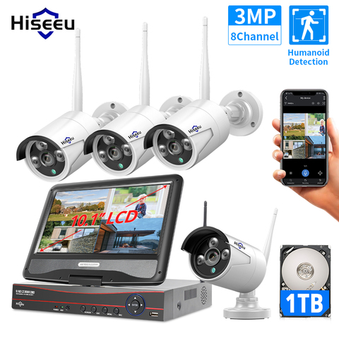 Hiseeu 3MP 2MP 8CH Wireless Security System Kit for 1536P 1080P Outdoor video Surveillance CCTV Camera System With 10.1