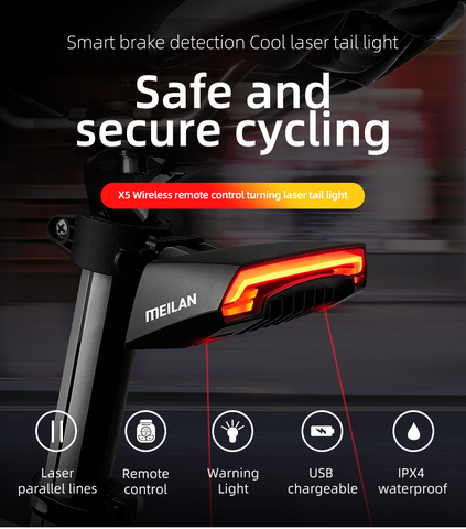 Meilan X5 Wireless Bike Bicycle Rear Light Laser Tail Lamp Smart USB Rechargeable Cycling Accessories Giyo r1 Remote Turn Led ► Photo 1/6