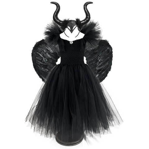 Black Maleficent Witch Costume Kid Girls Tutu Dress Ankle Length Halloween Devil Cosplay Clothes for Child Party Photo Prop Gift ► Photo 1/6