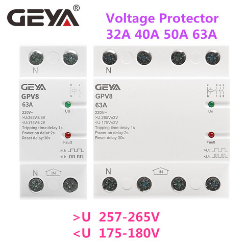 GEYA GPV8-63D Din Rail Automatic Over Under Voltage Protector 220V AC Single Phase & Three Phase Self Resetting Protector ► Photo 1/6