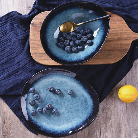 Exquisite Ceramic Dark Blue Steak Plates Nordic Ocean Series Irregular Breakfast Snacks Fruit Dishes Kitchen Desktop Decoration ► Photo 1/6