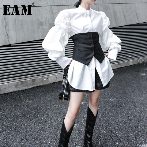 [EAM] Women White Big Size Pleated Split Blouse New Stand Collar Puff Sleeve Loose Fit Shirt Fashion Spring Autumn 2022 1K366 ► Photo 1/6