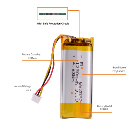 682052-2S 3.7V 1250 mAh Lithium polymer Battery With plug For Pet GPS Hunting dog GPS DVR MP3 MP4 682052 ► Photo 1/2