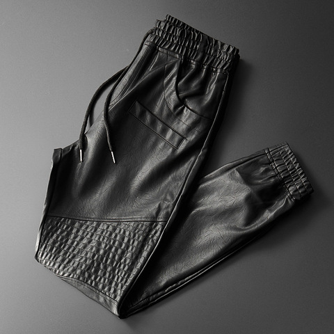 Thoshine Brand Men Leather Pants Superior Quality Elastic Waist Jogger Pants Motorcycle Pocket Faux Leather Trousers Harem Pants ► Photo 1/6