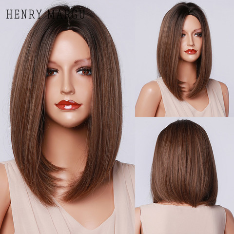 HENRY MARGU Natural Straight Wig Bob Brown Black Ombre Wig Synthetic Short Wigs for Women Heat Resistant Fiber Hair Middle Part ► Photo 1/6