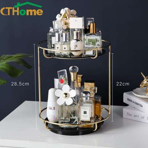 Nordic Fashion Rotating Cosmetic Desktop Storage Box Transparent Makeup Storage Shelf 2 Tiers Tray Dressing Table Finishing Rack ► Photo 1/6