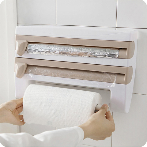 Kitchen Multi-function Plastic Belt Cutter Wrap Storage Shelf Wrap Film Cutter Triple Roll Paper Dispenser Tin Film Towel Holde ► Photo 1/6