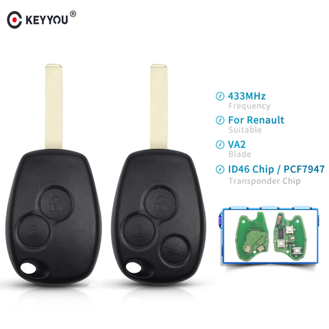 KEYYOU 2 Buttons Keyless Remote Control Key Fob 433MHz with PCF7947 Chip For Renault Clio Kangoo Master Modus Twingo ► Photo 1/6