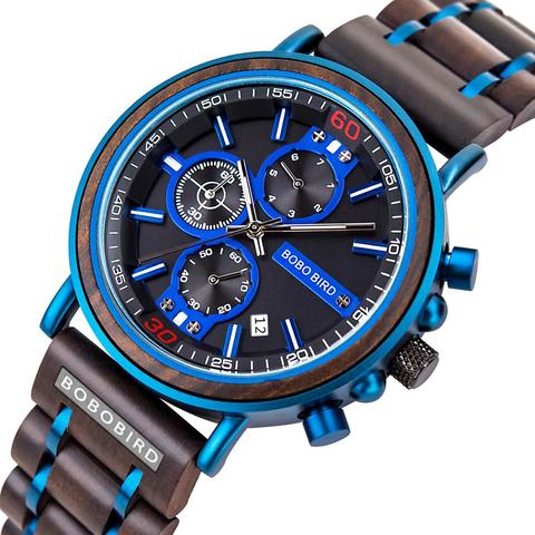 BOBO BIRD Sport Watches for Men Blue Top Brand Luxury Wood Military Wrist Watch Man Clock Chronograph Wristwatch Wood Gift Box ► Photo 1/6