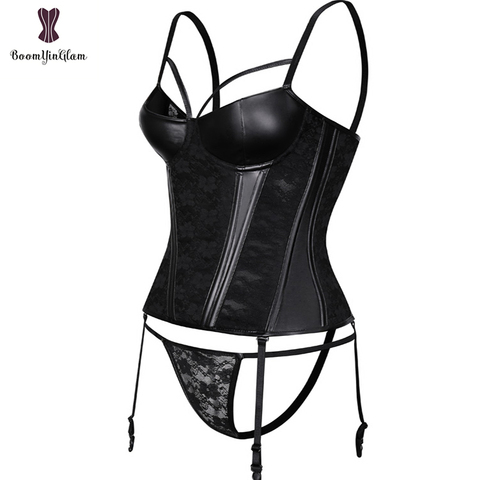 3/4 Padded Cup Women's Corset Faux Leather Stitching Lace Boned Corset Adjustable Hook & Eye Bustier Plus Size ► Photo 1/6