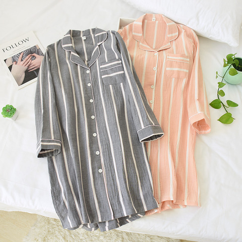 Women's Spring and Summer New Long-Sleeved Nightdress Cotton Women's Mid-Length Cotton Nightdress Home Service ► Photo 1/6