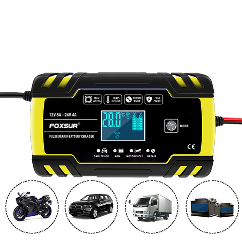 FOXSUR 12V 8A Pulse Repair Charger with LCD Display for AGM GEL WET Lead Acid  Motorcycle Car Battery Charger ► Photo 1/6