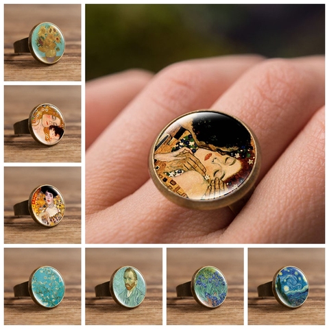 Fashion The Kiss Klimt Starry Night Dome Glass Art Picture Ring Photo Handcrafted Jewelry Adjustable Size Rings Gifts for Girls ► Photo 1/6