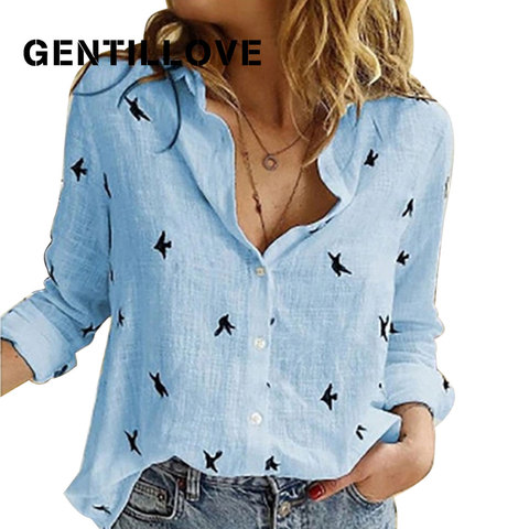 Casual Long Sleeve Birds Print Loose Shirts Women Cotton and Linen Blouses and Tops Vintage Streetwear Plus Size 5XL Tunic ► Photo 1/6