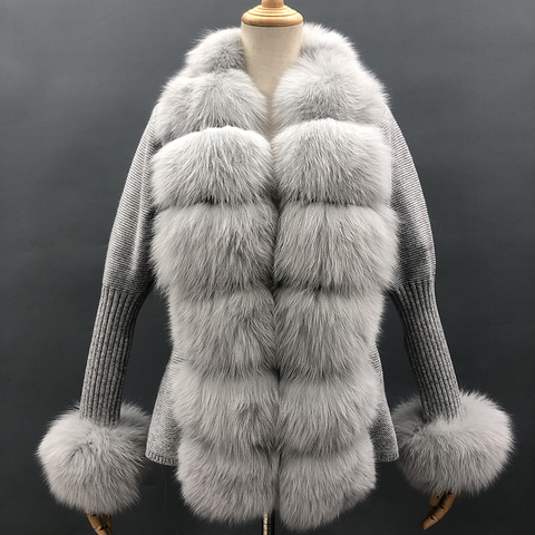 Winter Women Short Fashion Vintage Leg of Mutton Sleeve Belted Knitted Sweater Cardigan with Real Fox Fur Trim MJF-S-03 ► Photo 1/6