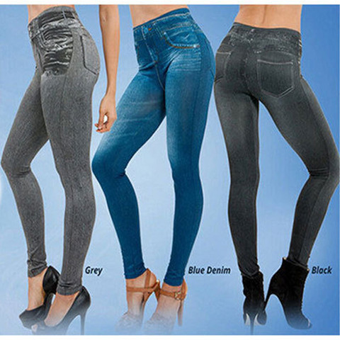 Cheap Slim Women Faux Denim Jeans Printing Leggings Casual Women Clothing  Pencil Pants