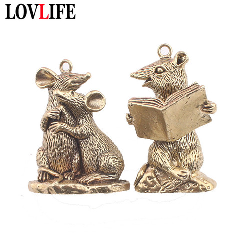 Pure Brass Zodiac Reading Rat Keychain Pendants Trinket Vintage Copper Couple Mouse Car Key Chains Hanging Cartoon Mice Keyrings ► Photo 1/6