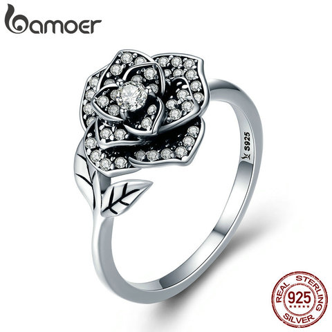 BAMOER 100% 925 Sterling Silver Rose Flower Dazzling CZ Tree Leaf Finger Rings for Women Wedding Engagement Jewelry Gift SCR382 ► Photo 1/6