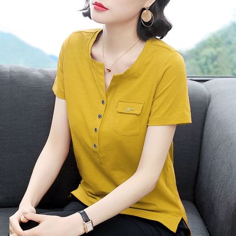 2022 New Summer Middle Aaged Women Short Sleeve Sexy Solid Blouse Tops Female V-Neck Cotton Fashion Slim Shirt Pullover W75 ► Photo 1/5