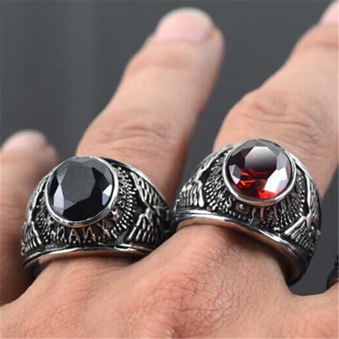 Men's Siam Red Blue Black United States Military Silver color Stainless Steel Ring ► Photo 1/1