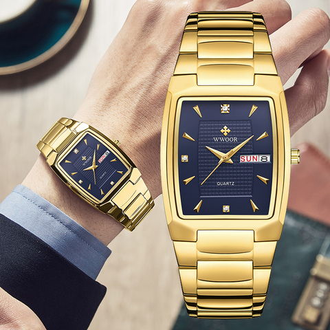 2022 WWOOR Luxury Business Men Watches Gold Quartz Stainless Steel Sport Square Clock Waterproof Week and Date Relogio Masculino ► Photo 1/6