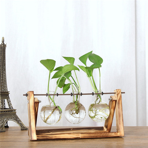 Hydroponic Vintage Flower Vases Plant Vase Creative Wooden Frame Decorative Home Bonsai Decor Transparent Glass Tabletop Plants ► Photo 1/6