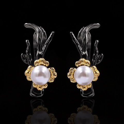 Vintage Black Gold Freshwater Pearls Earrings for Women Cute Flower 925 Sterling Silver Dangle Earrings Christmas Gift ► Photo 1/5