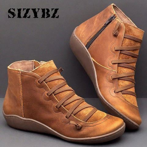 Women Winter Snow Boots PU Leather Ankle Boots Spring Flat Shoes Woman Short Brown Botas with Fur for Women Lace Up Botas Mujer ► Photo 1/6