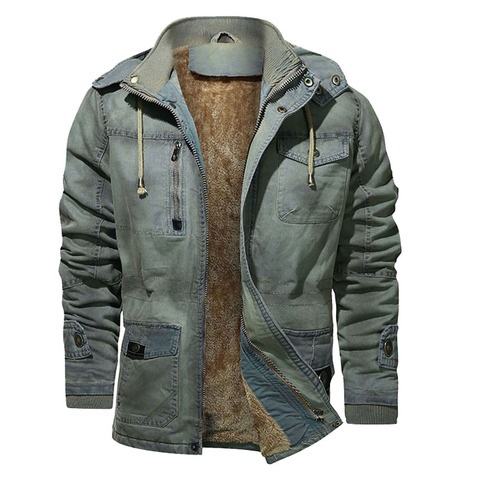 Men's Winter Casual Parka Washed Denim Jacket Outwear Coat Warm Hooded Jacket Male Fashion Thicken Fleece Military Overcoat ► Photo 1/6