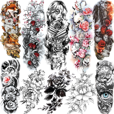 Colorful Skull Rose Temporary Sleeve Tattoos For Women Girls Realistic Fake 3D Tatoos Washable Peony Full Arm Sleeve Tatoo Paste ► Photo 1/6