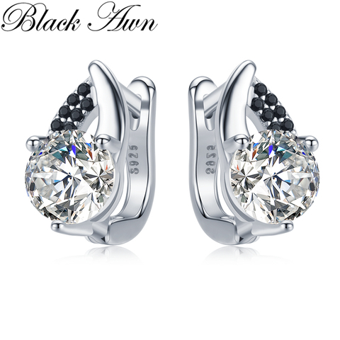 Black Awn 2022 Classic 925 Sterling Silver Round Black Trendy Spinel Engagement Hoop Earrings for Women Fine Jewelry Bijoux I131 ► Photo 1/5