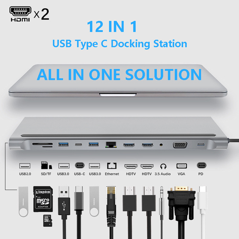 USB Type C Hub Adapter Laptop Docking Station, MST Dual Monitor Dual HDMI VGA RJ45 SD TF for MacBook Dell XPS Hp Lenovo ThinkPad ► Photo 1/6