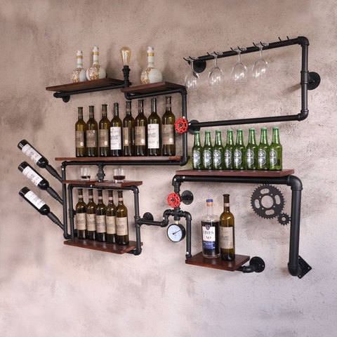 coffee shop bar wine cabinet wine rack Loft retro industrial style shelving shelf wall iron solid wood pipe wall hanging ► Photo 1/5