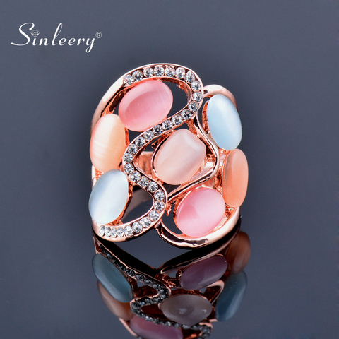 SINLEERY Women Luxury Hollow Multicolor Opal Stone Big Rings  Size 6 7 8 9 10 Rose Gold Color Vintage Jewelry JZ509 SSB ► Photo 1/6
