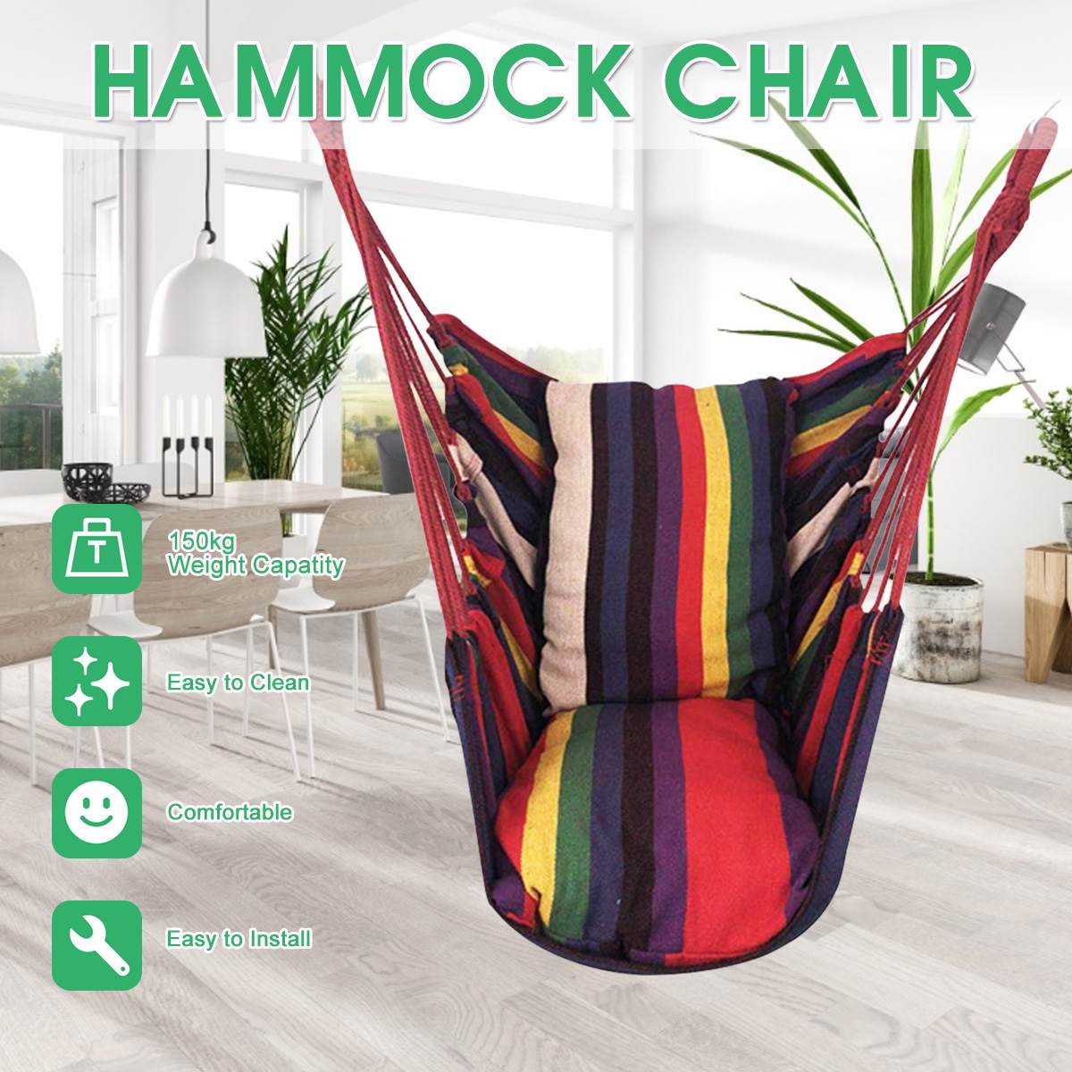 Outdoor Hammock Hanging Rope Chair Swing Chair Seat with 2 Pillows Garden Use 